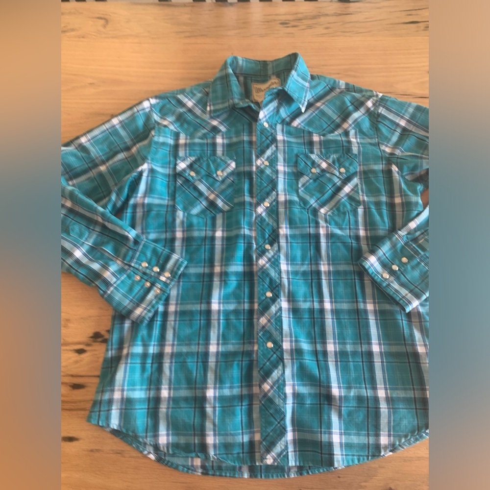 Wrangler Western Snap Shirt Blue Plaid Cotton Long Sleeve Women’s Large Preloved